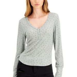 Women's 3X NWT Plus Size Light Green Floral Long Sleeve Cotton Blend Henley Top